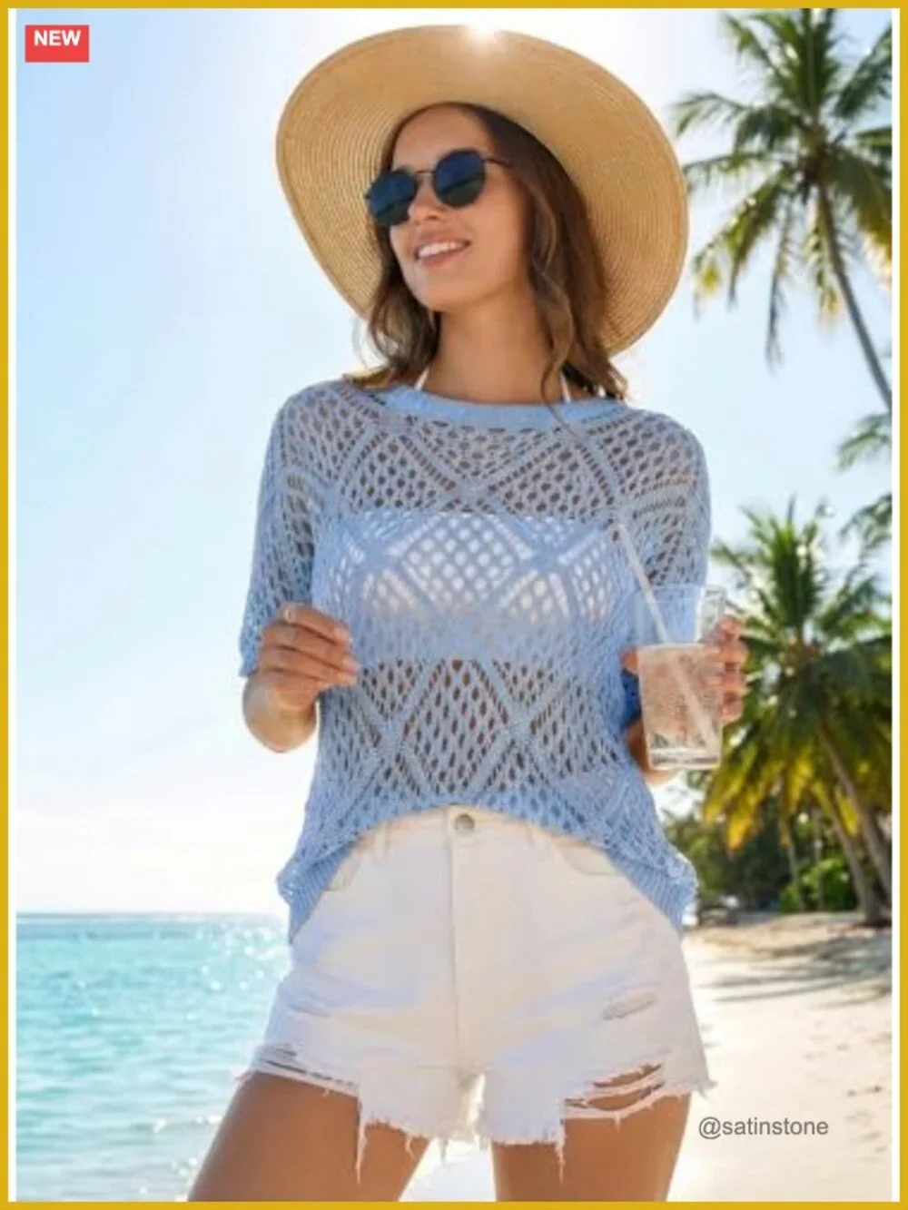 Crochet Cover Up Top Short Sleeve Off Shoulder Sweater Beach Swimsuit Coverup